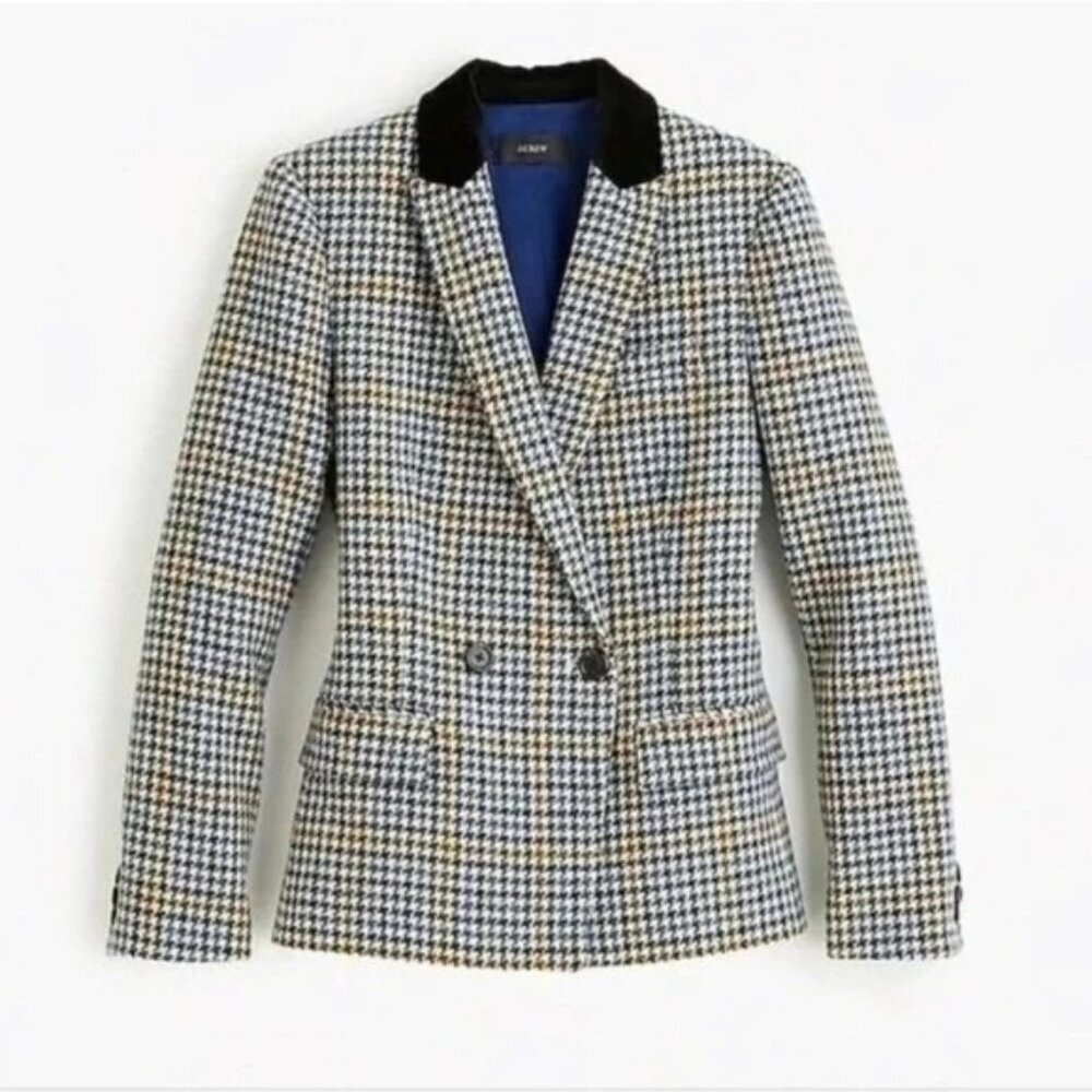 J. Crew Black Cream Blue Houndstooth Double-Breasted Blazer